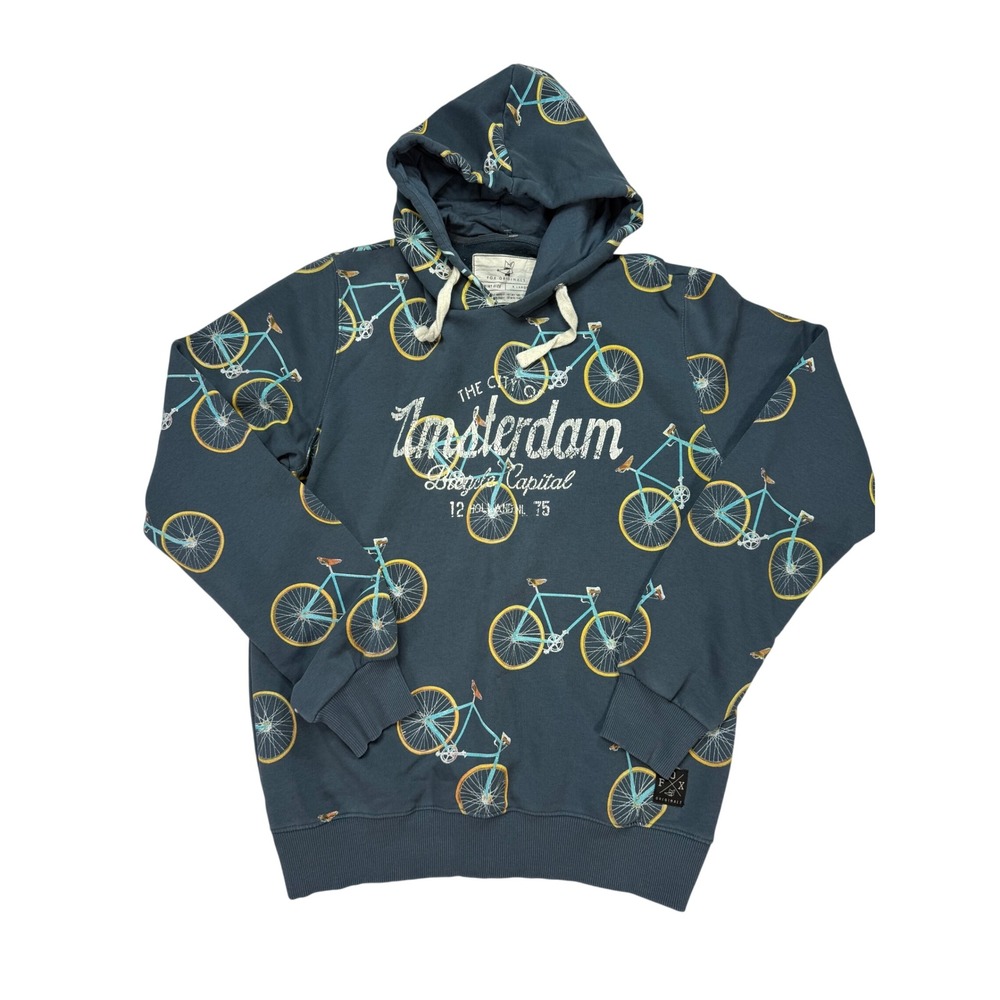 Fox Originals Hoodie Men XL Blue Excellent Amsterdam Bicycle Print Sweatshirt